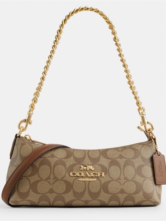 Coach Handbags - Coach Brown Signature Canvas Shoulder Bag with Gold Chain